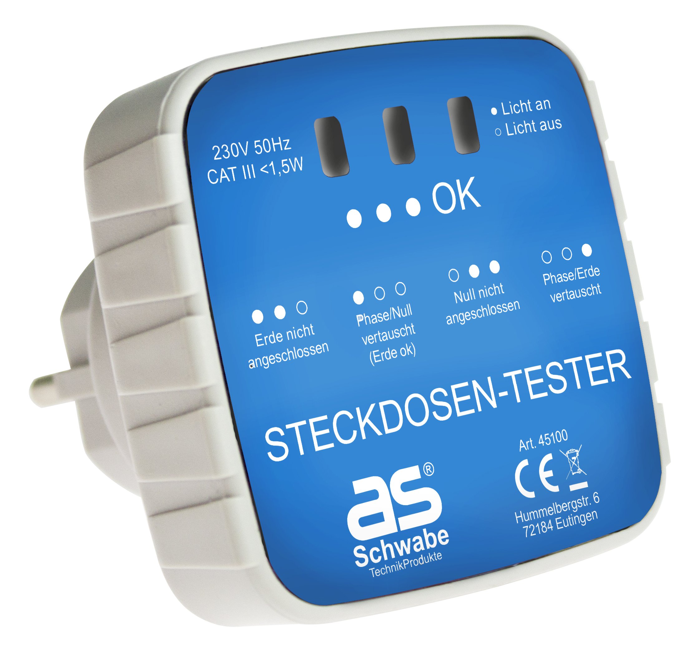 as – Schwabe Socket Tester, Test Plug with Phase, Neutral Conductor, Ground Connection, for Schuko, Set of 1, White, Item Number: 45100