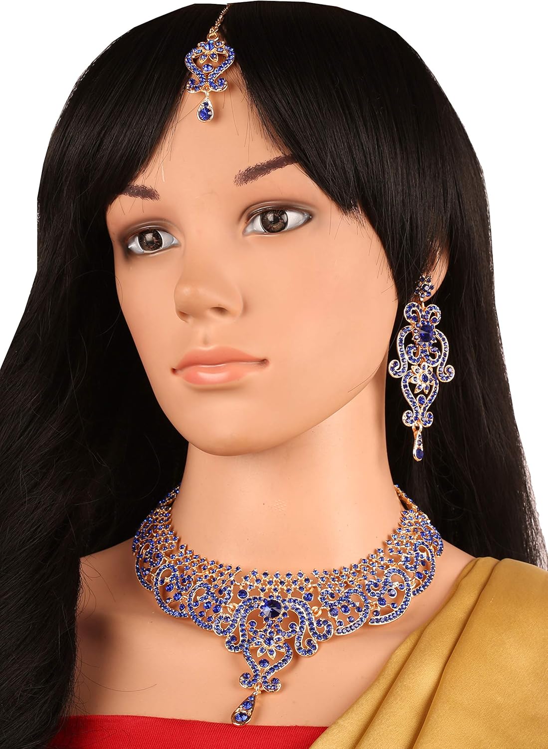 Touchstone Indian jewelry set for women bollywood gold jewellery wedding outfits necklace sets earrings bridal maang tikka fancy costume girls big desi accessories rhinestone in gold or silver tone Blue in Gold image 2 of 8 B077MZ6BJ4