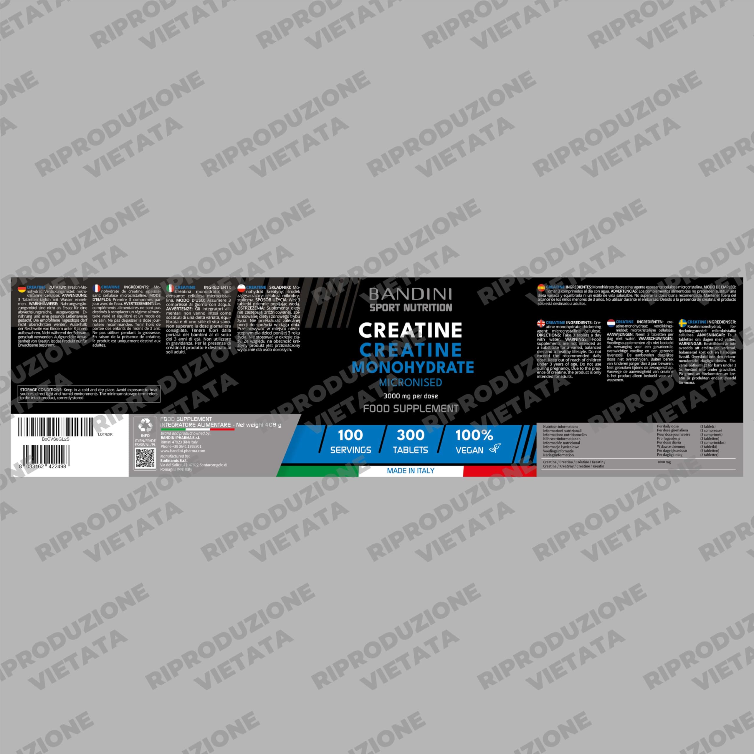 Bandini® Creatina Monoidrata 300 Compresse, 3000mg per dose - Integratore per Allenamento, Palestra e Pre Workout - 100% Vegan - A base di Creatine Monoidrato pura al 100% Micronizzata