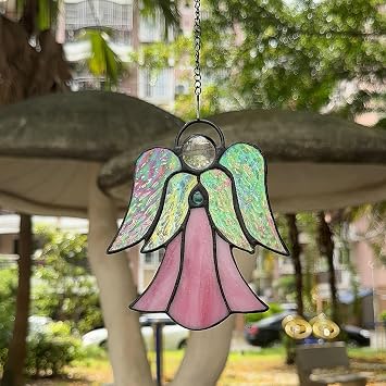 Handmade Stained Glass Angel Suncatcher, Tiffany Style Pink Angel Window Hanging, Memorial Sympathy Gift for Mom, Grandma, Friend, Remembrance Keepsake Home Decor Ornament