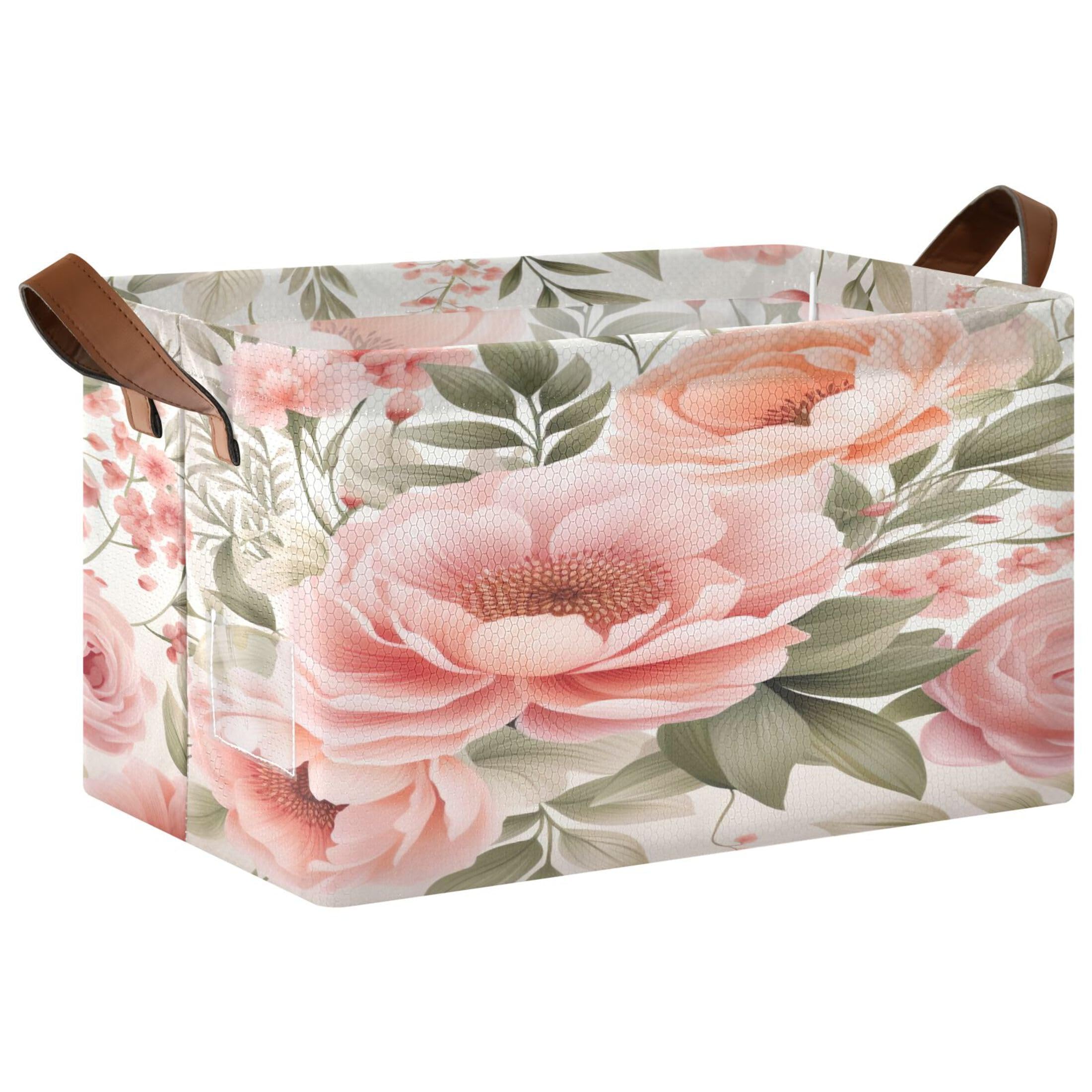Kutsu Foldable Storage Basket Florals Collapsible Storage Bin with Handles for Shelves, Rectangle Basket for Home Nursery Decor, 16.9x11.4x10 in