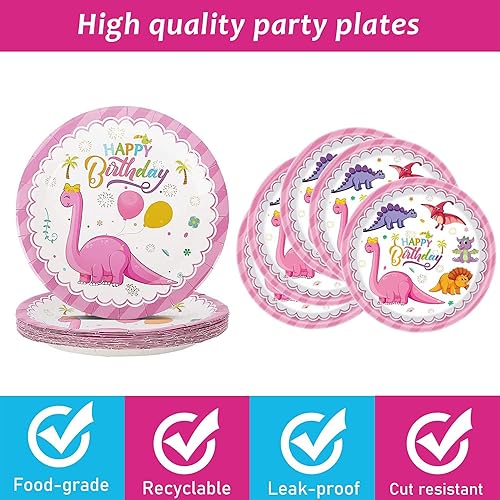 Vista 4 de 120 platos de fiesta de cumpleaños de dinosaurios rosados, servilletas para niñas, temática de dinosaurio, vajilla, platos de papel desechables
