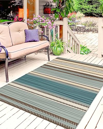 Miniatura 3 de Teal Blue Green Striped Boho Outdoor Area Rug 6'x9',Patio Balcony Porch Front Door Camping Camper RV Deck Runner Rug,Washable Carpet Indoor Living