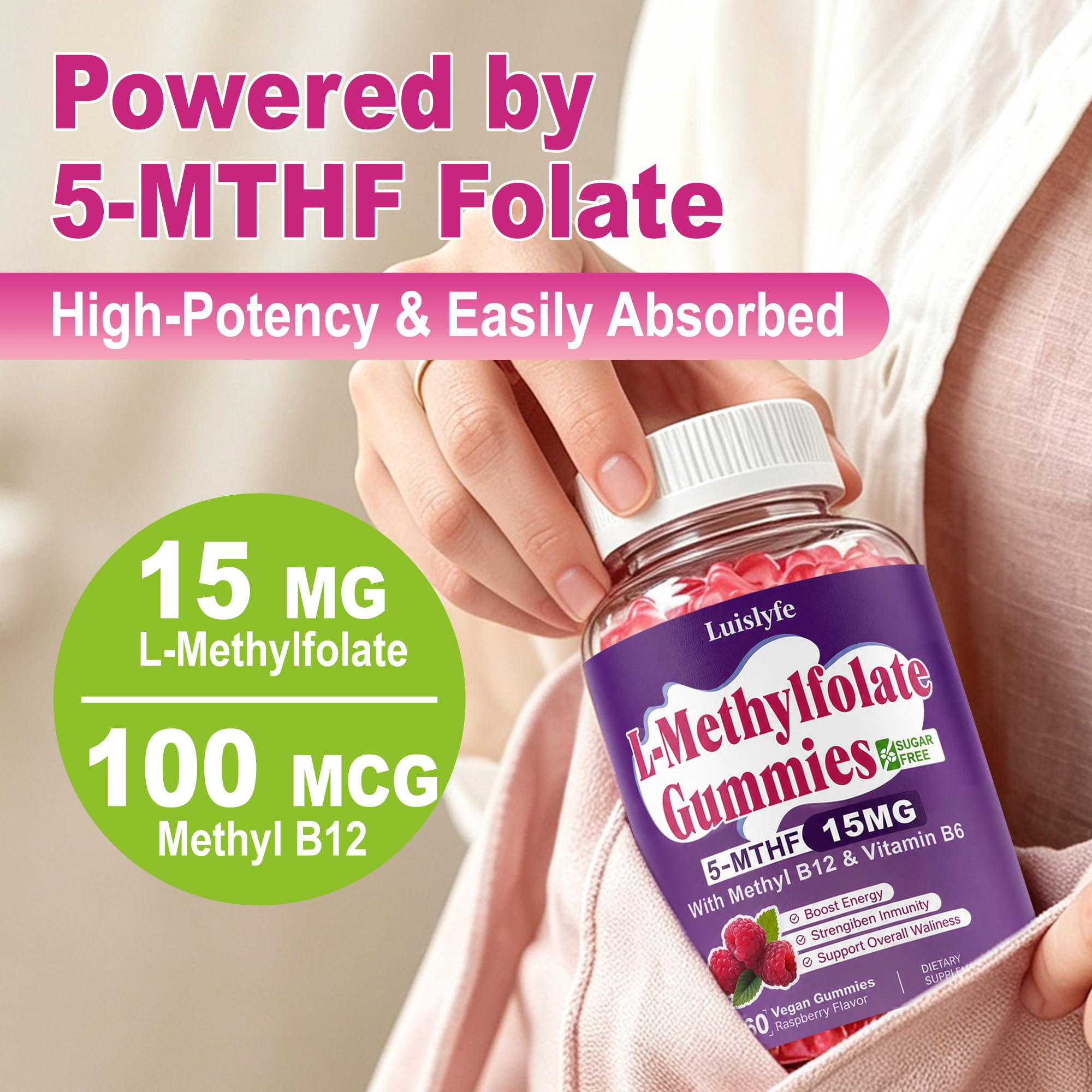 2 Pack L-Methylfolate 15mg Gummies & Methyl B12, High Absorption Active Folate 5-MTHF Supplement for Cognition, Mood & Immune, Sugar Free, Vegan, Non-GMO, Raspberry Flavor, 120 Count — Amazon image 3