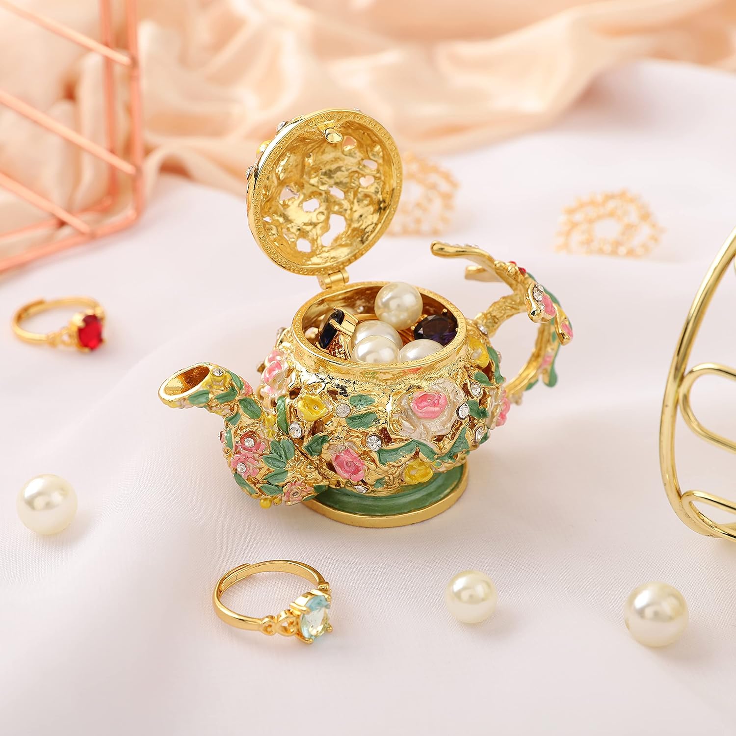 QIFU Hand Painted Teapot Style Enameled Trinket Box Hinged Unique Gift for Home Decor … - Image 8