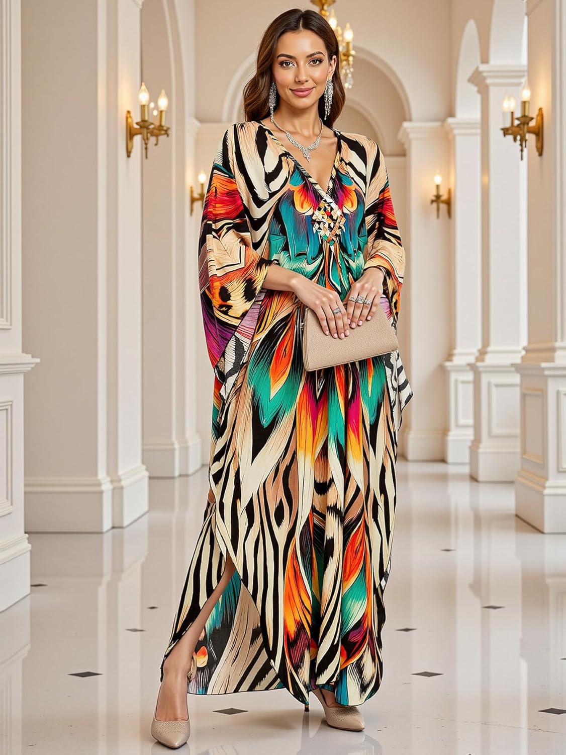 Women's V-Neck Kaftan - Plus Size Moo Moo Dresses, Casual Mumu Beach Cover Up for Tropical Vacation - Image 3