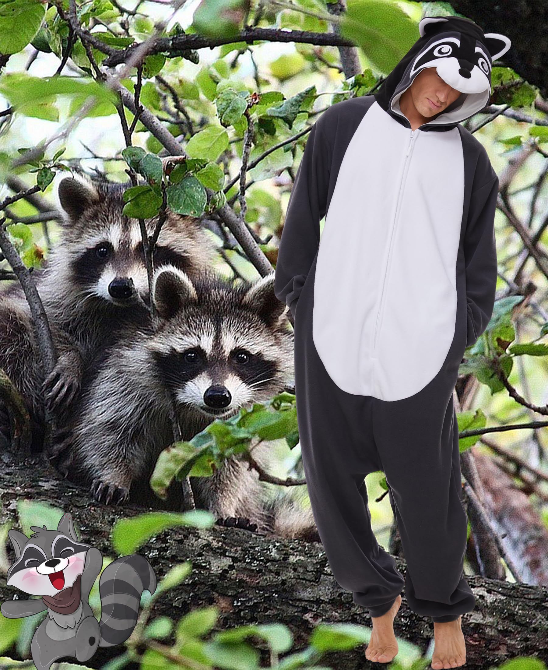 Kidukso Erwachsene Waschbär Jumpsuit Lustiges Tier Einteiler Schlafanzug Halloween Karneval Cosplay Kostüm, Grau