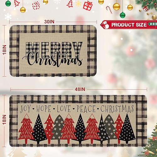 Miniatura 3 de ASPMIZ Juego de 2 alfombras y tapetes de cocina de Feliz Navidad, tapetes de cocina vintage a cuadros de búfalo para piso, 2 piezas, alfombras de