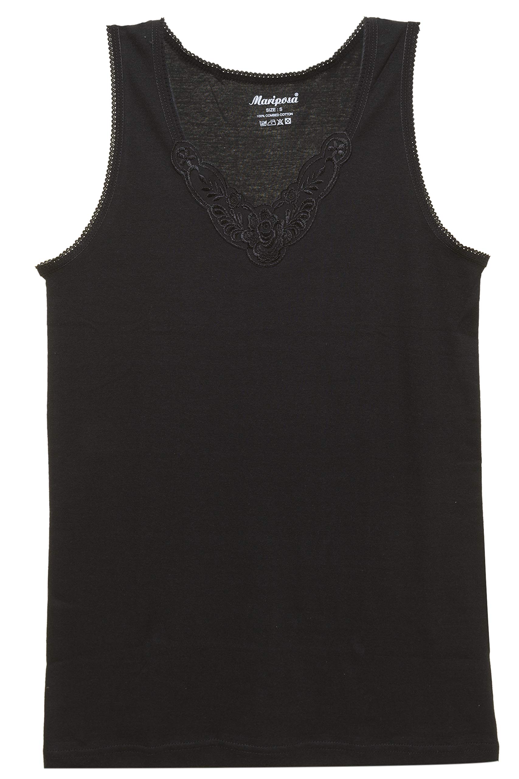 MariposaWomen's Cotton Broad Strap Vest In Multiple Colors With Lace (M, Black)