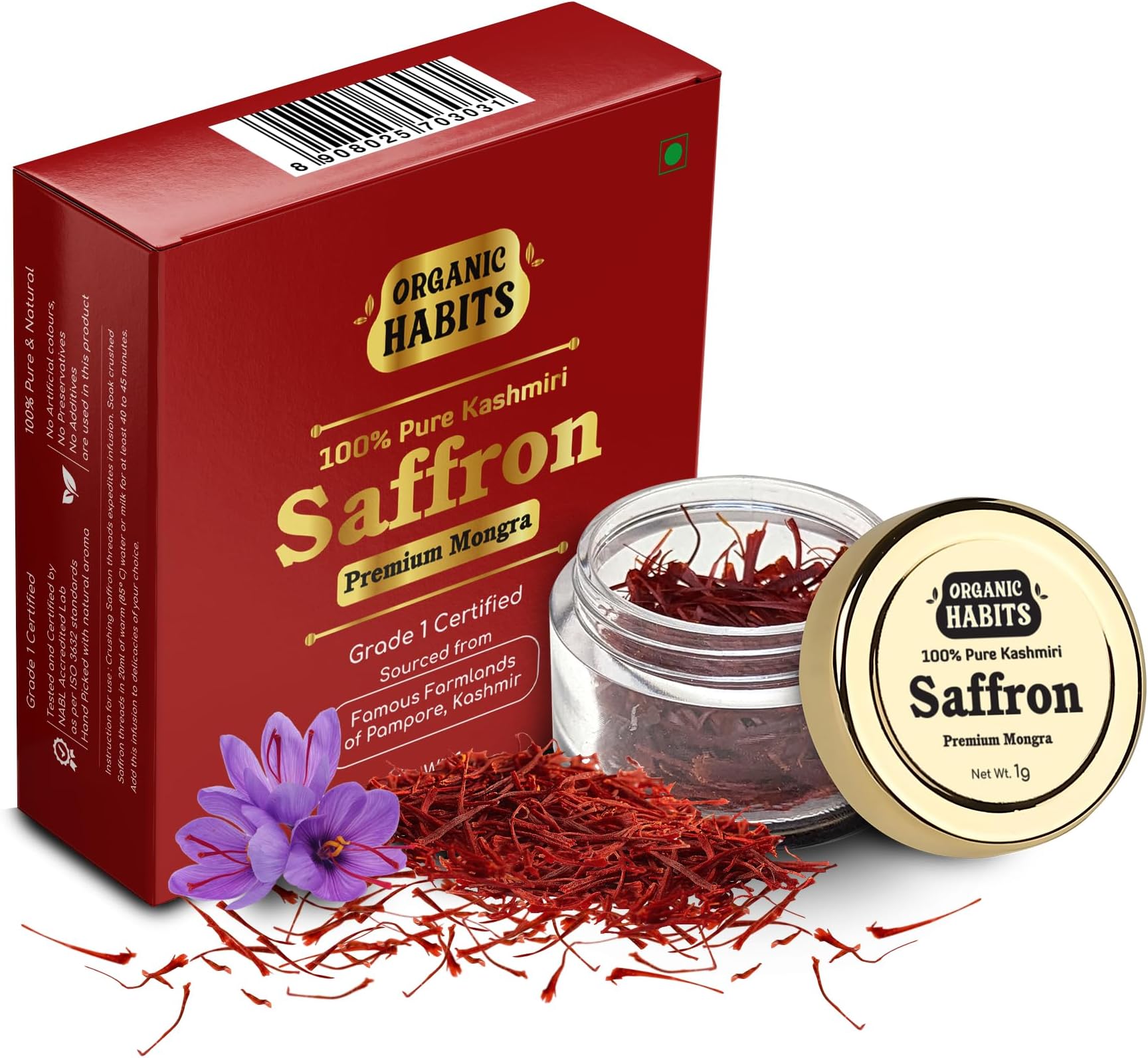 ORGANIC HABITS 100% Pure Original Kashmiri Saffron/Kesar/Kumkuma Puvvu | Certified Highest Grade A1 ISO 3632 Standard | Best for Pregnant Women, Pooja & Food Aroma (1 gm)