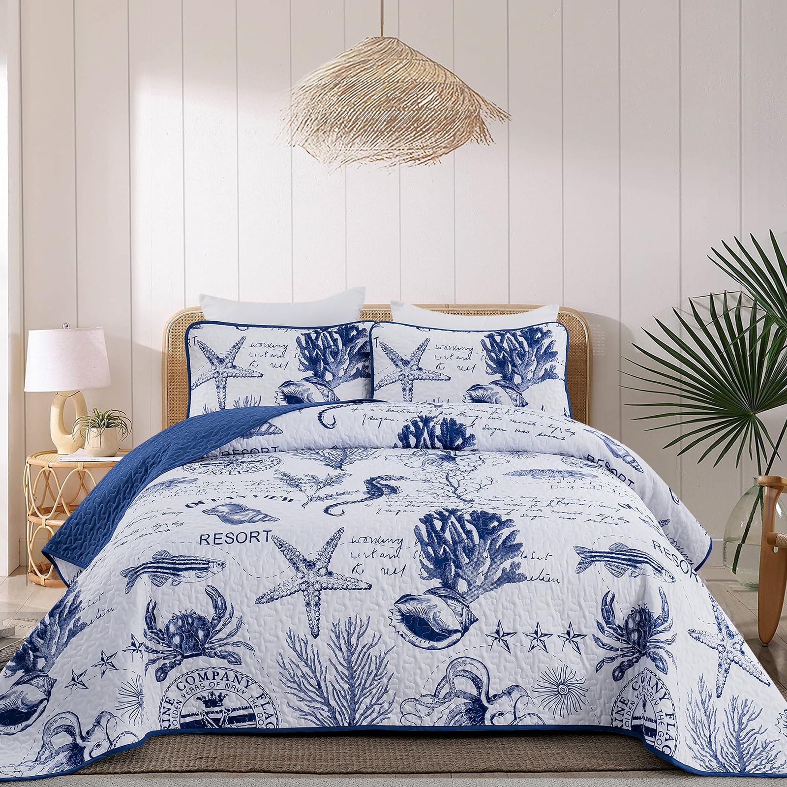DJY Navy Blue Quilt Set Queen Coastal Beach Theme Quilt Coverlet Set Soft Microfiber Reversible Bedspread with 2 Pillow Shams 3 Pieces Coastal Bedding Quilt for All Season 96"x90"