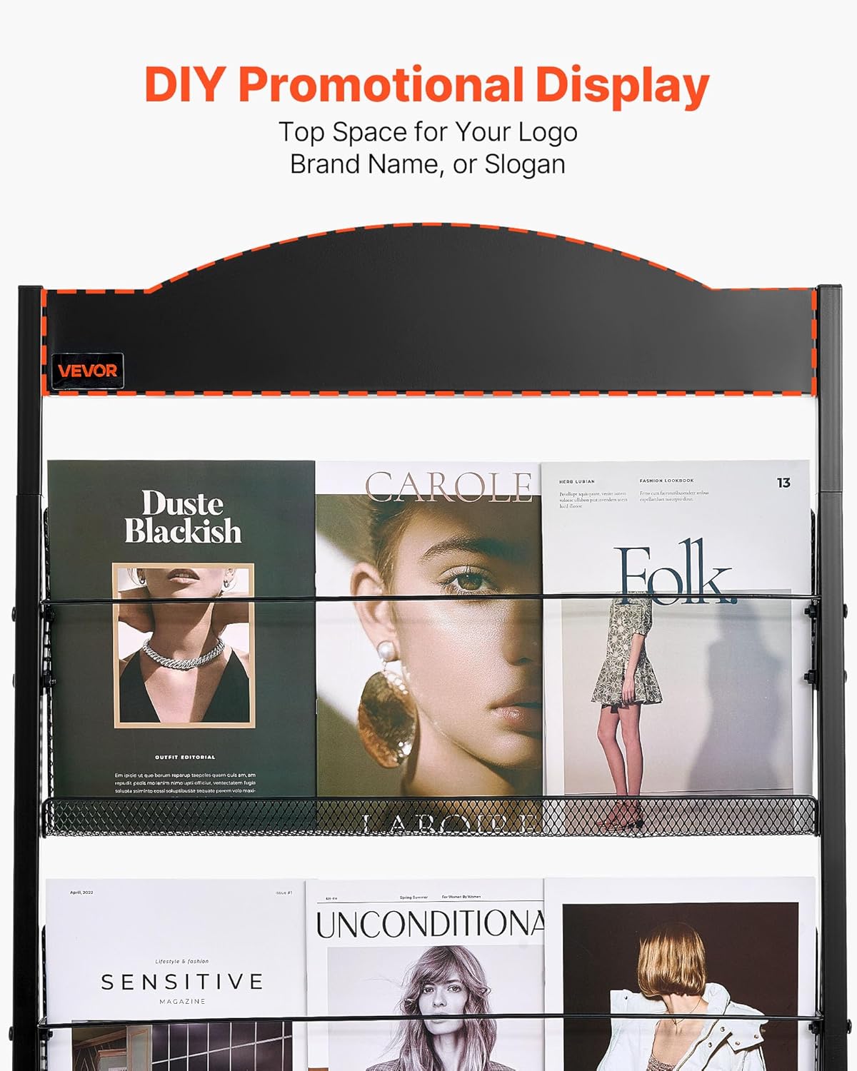 VEVOR Brochure Display Rack, 4-Tier Magazine Literature Display Stand with Wheels, Movable Floor Standing Magazine Rack, Heavy Duty Newspaper Catalog Holders for Shop Exhibitions Office Craft Fairs