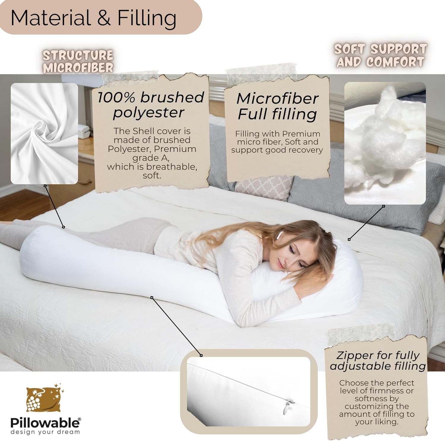 King Size Extra Long Round Body Pillow - 54x12 Bolster Pillow for Bed Extra Soft Body Pillow with Removable Pillowcase, Maternity Pillow - Grey