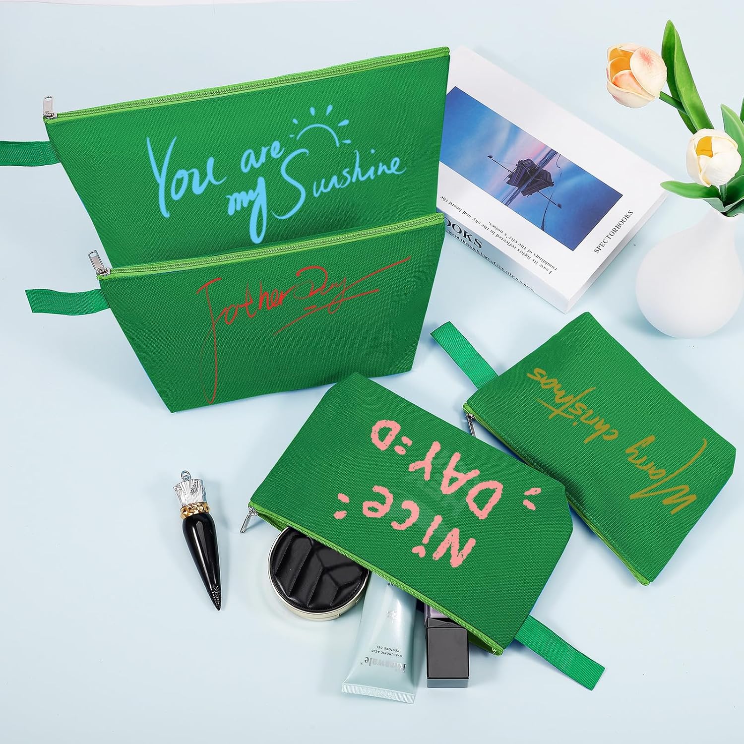 10 Pieces Cotton Canvas Makeup Bag with Bottom and Strap, Multi-Purpose Cosmetic Bag with Zipper Travel Toiletry Pouch, Blank DIY Craft Bag (Green, S) - Image 5