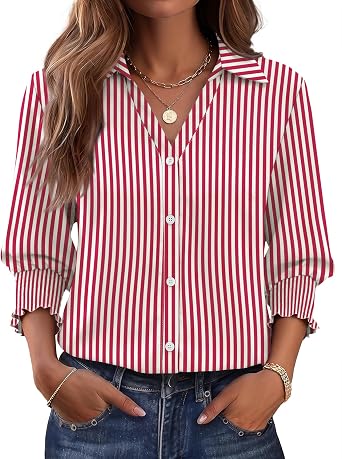 AKEWEI 3/4 Length Sleeve Collared Button Down Shirts for Women