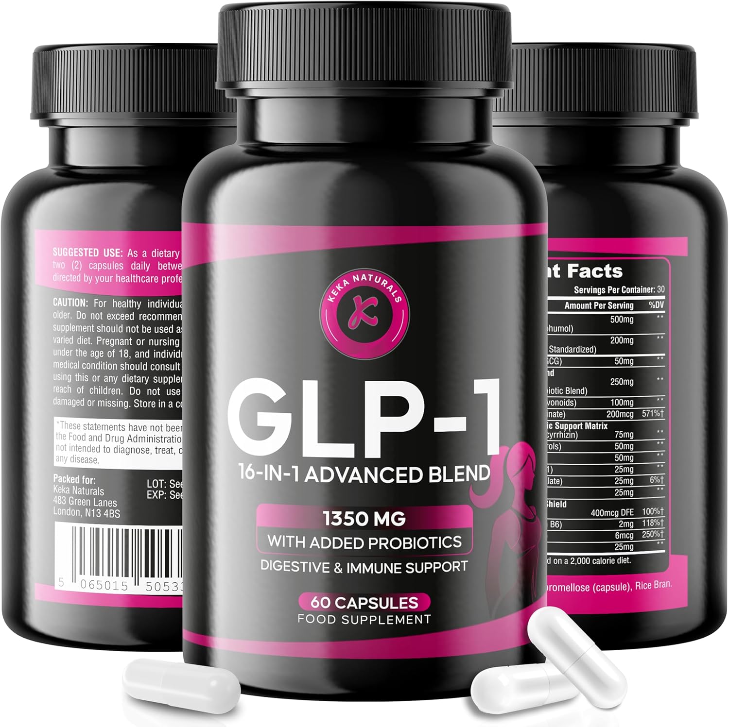 GLP-1 Support 1350mg, Appetite & Weight Control, Gut Health Support, Natural GLP Supplement with Added Probiotics – 60 Capsules