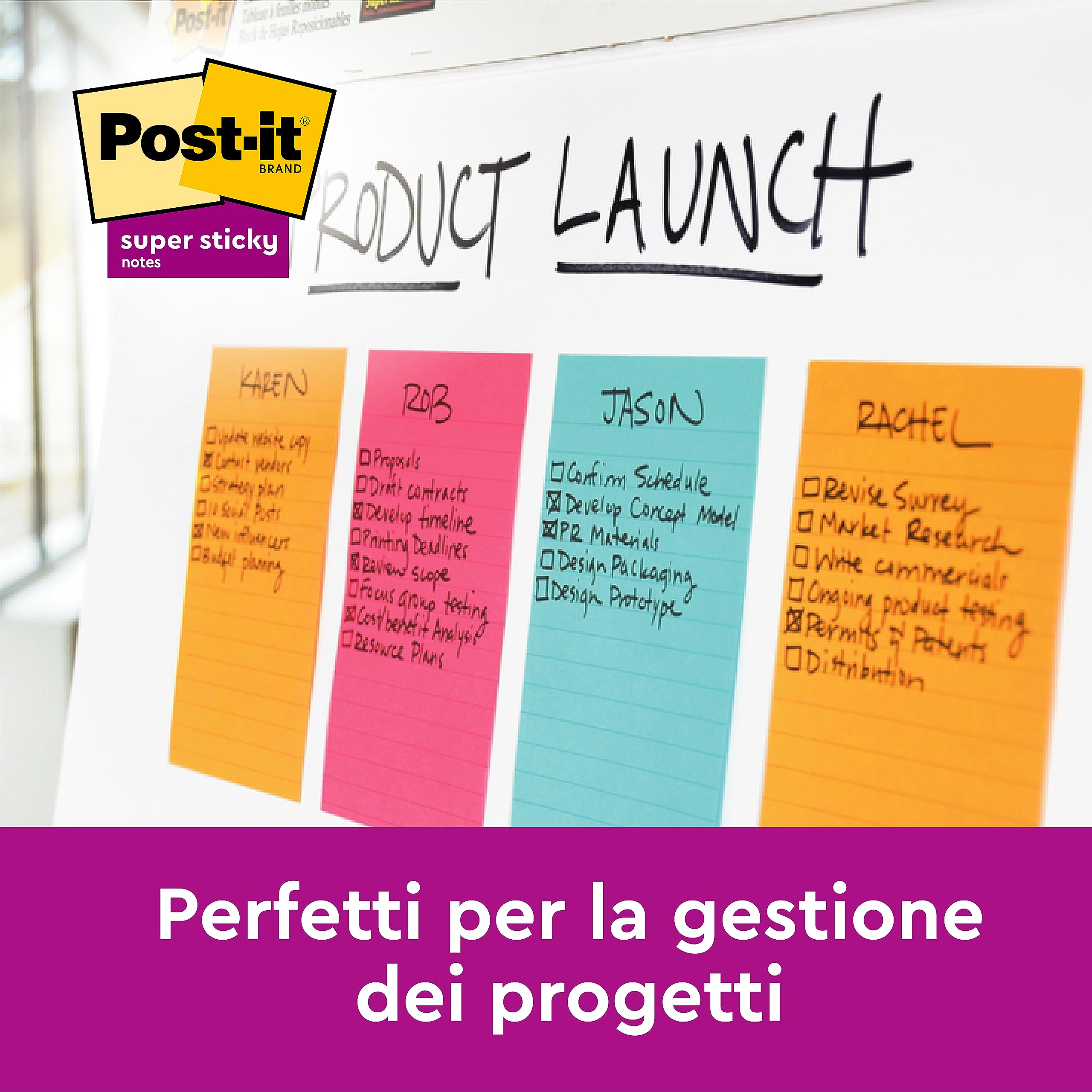 Foglietti Post-it Super Sticky, colori assortiti, a righe, 101 mm x 152 mm, 90 foglietti/blocchetto, 4 + 2 blocchetti GRATIS/confezione