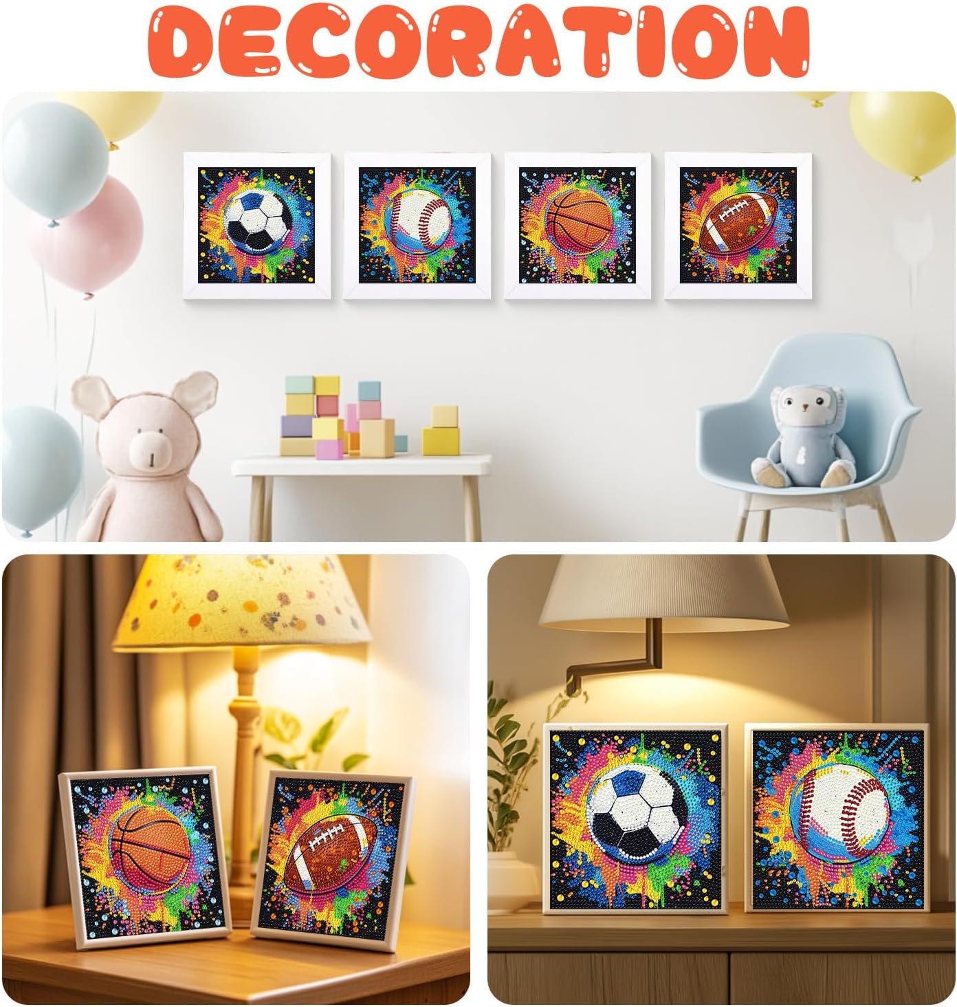 Mandun 4 Pack Ball Diamond Art Kits for Beginners, DIY Baseball 5D Diamond Painting Kits, Full Round Drill Gem Art Home Wall Decor 6x6 inch