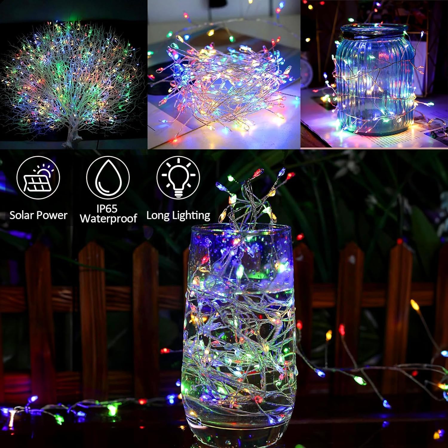 Catena Luminosa a LED Solare a 8 modalità, con Fili di Rame, per Decorazioni da Giardino, Matrimoni e Feste di Natale (Multicolore, 9,8 Piedi, 100 LED)
