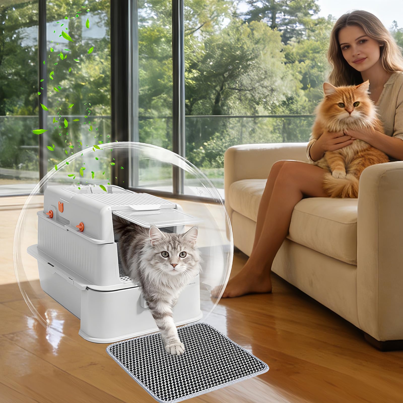 Homegroove Geschlossener Edelstahl-Katzenklo mit Schublade, XL Große Metall-Katzentoilette mit Deckel für Wohnungskatzen, Metall-Abdeckkasten mit Schaufel & Pedal (Hellgrau)