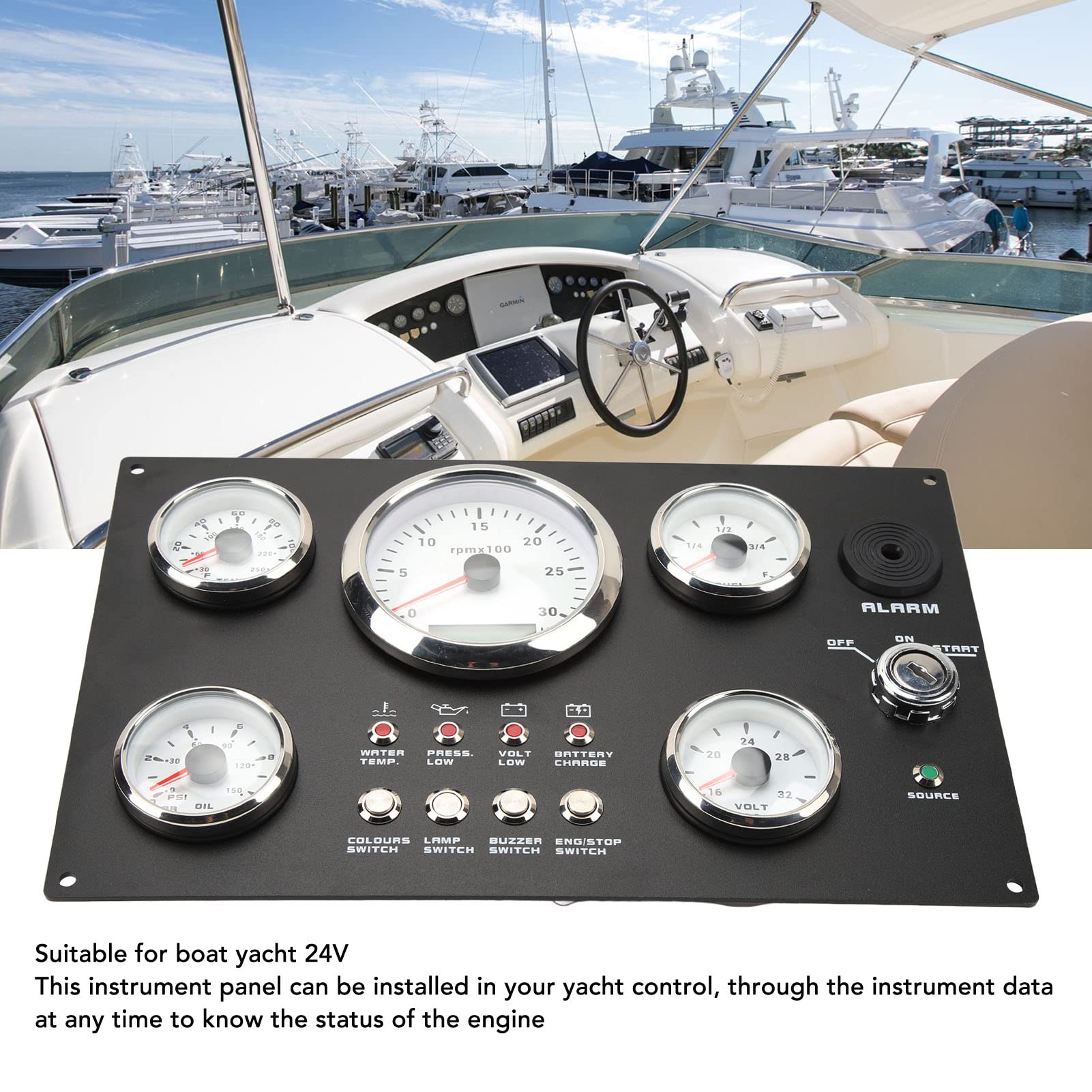 Aramox Boots-Instrumententafel, 24 V, 7 Farben, Hintergrundbeleuchtung, 5-Gauge-Instrumententafel, 85 Mm, 3000 U/min, Maximale Öldruck-Spannungsanzeige für Marineboote, Yachten