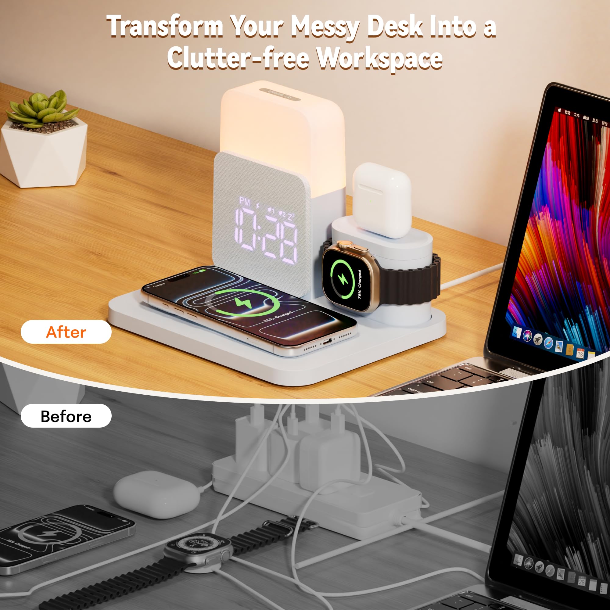 COLSUR Stazione di ricarica wireless 6 in 1, caricabatterie wireless magnetico da 25 W con sveglia, luce notturna, supporto caricabatterie wireless per iPhone 16 15 14 13 12 11 X Pro Max, Apple Watch