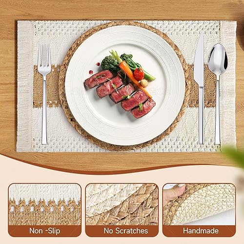 Miniatura 2 de Juego de 6 manteles individuales hechos a mano, hechos a mano, arpillera de algodón natural y paja de agua, combinados, decoración de macramé y