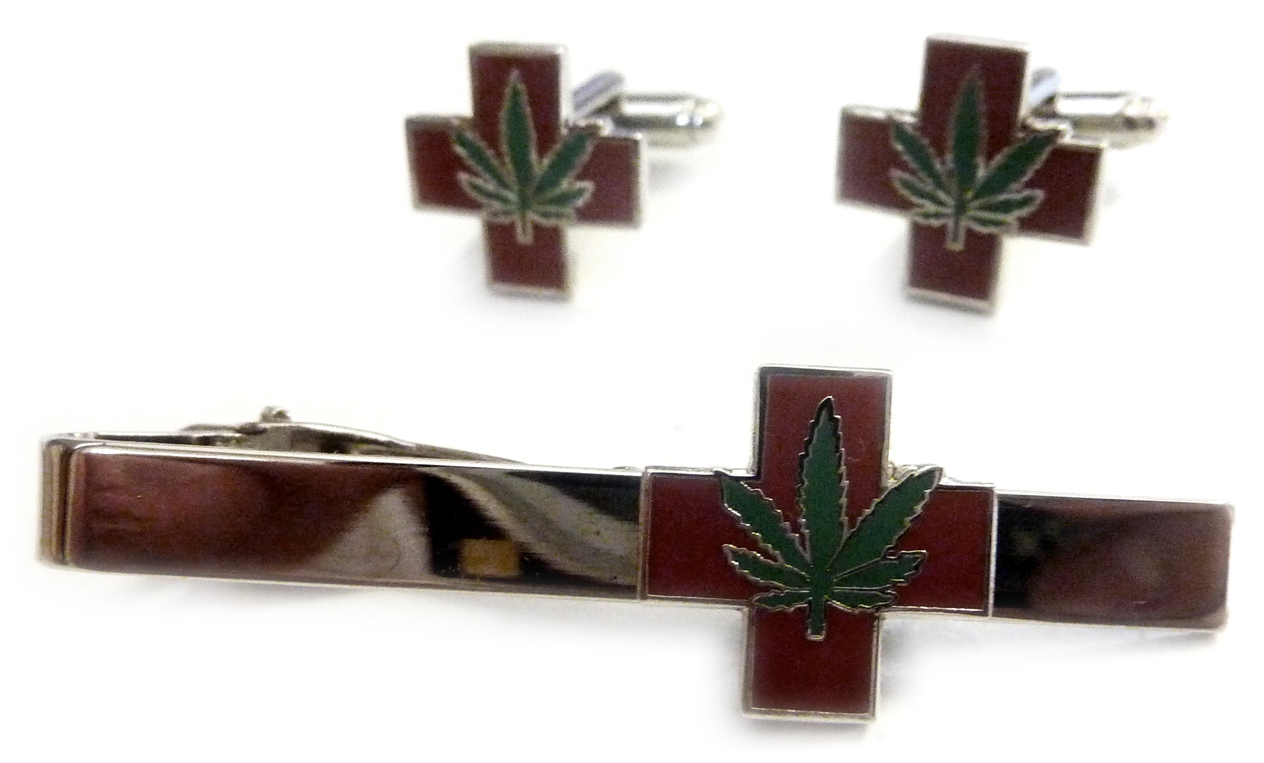 Medical Marijuana Pot Hemp Legalize Cannabis Weed TIE BAR CLIP CUFFLINKS SET