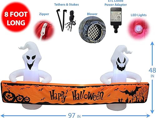 Miniatura 2 de Fantasmas blancos inflables de Halloween de 8 pies de largo con pancarta naranja luces LED decoración de vacaciones al aire libre e interior,