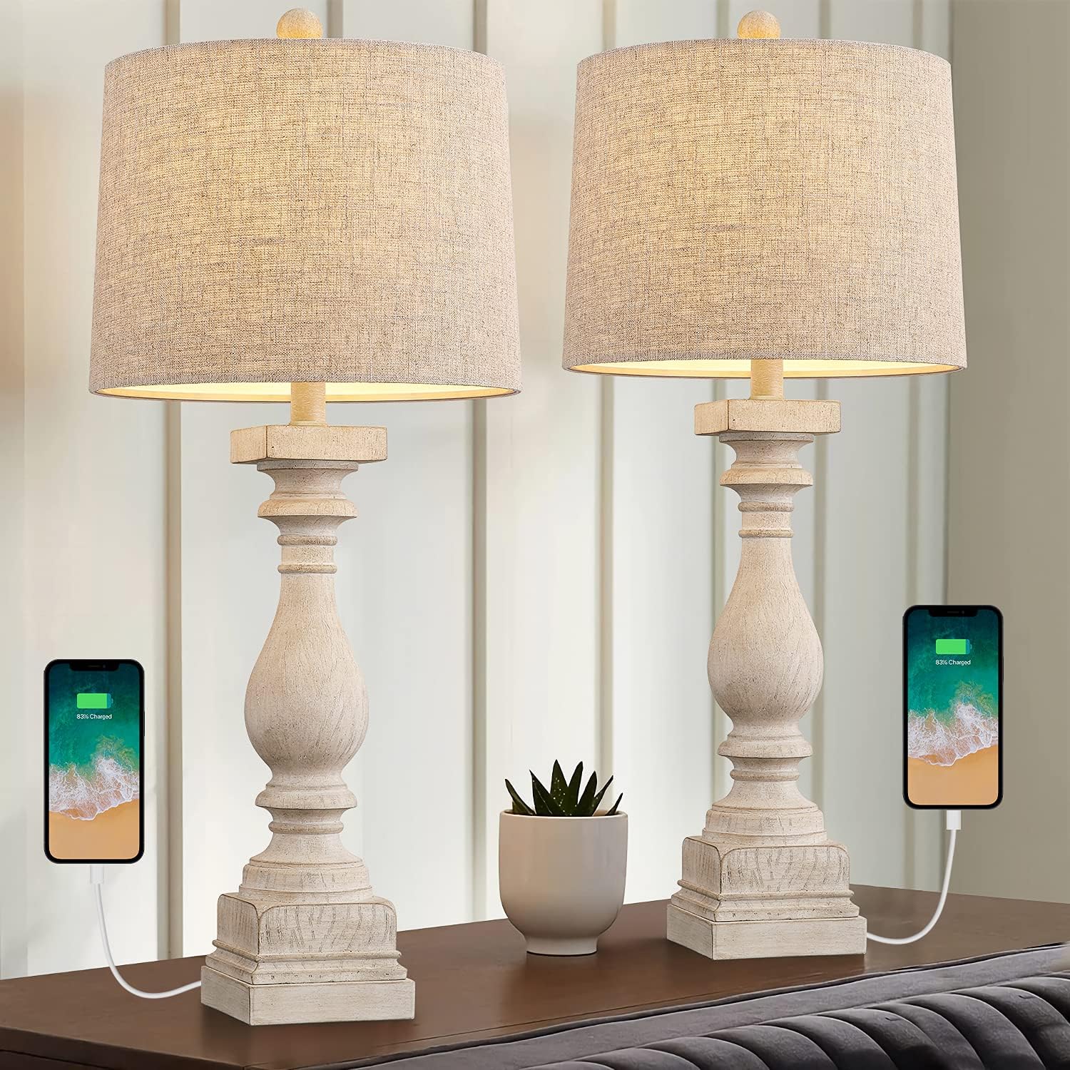 AUZONIMICS Table Lamps Set of 2, 26 inch Bedside Lamp with Dual USB ...