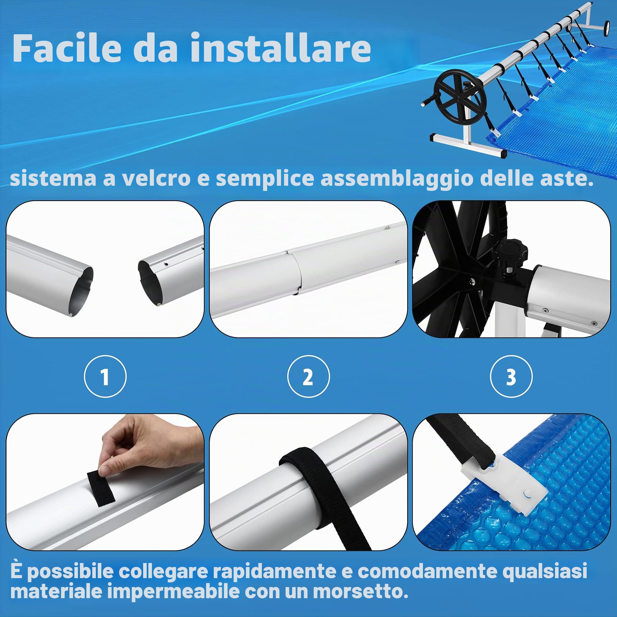 Sistema di avvolgimento mobile per piscina, accessorio per teloni da piscina, telo solare con nastri e ruote, 3-5,7 m