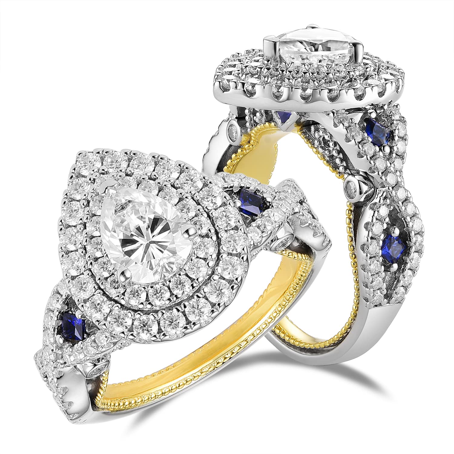 DovEggs Moissanite Engagement Rings for Women 3.1ctw Total 6x8mm GHI Pear Cut Moissanite Vintage Double Halo Wedding Ring Moissanite&Sapphire Accents 14k Gold QUALITY Sterling Silver Two Tone