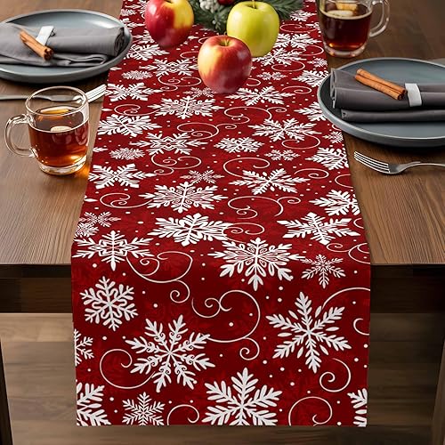 Miniatura 9 de Camino de mesa de copos de nieve rojos de 60 pulgadas de largo para decoración de mesa de comedor, camino de mesa de lino de algodón, camino de mesa