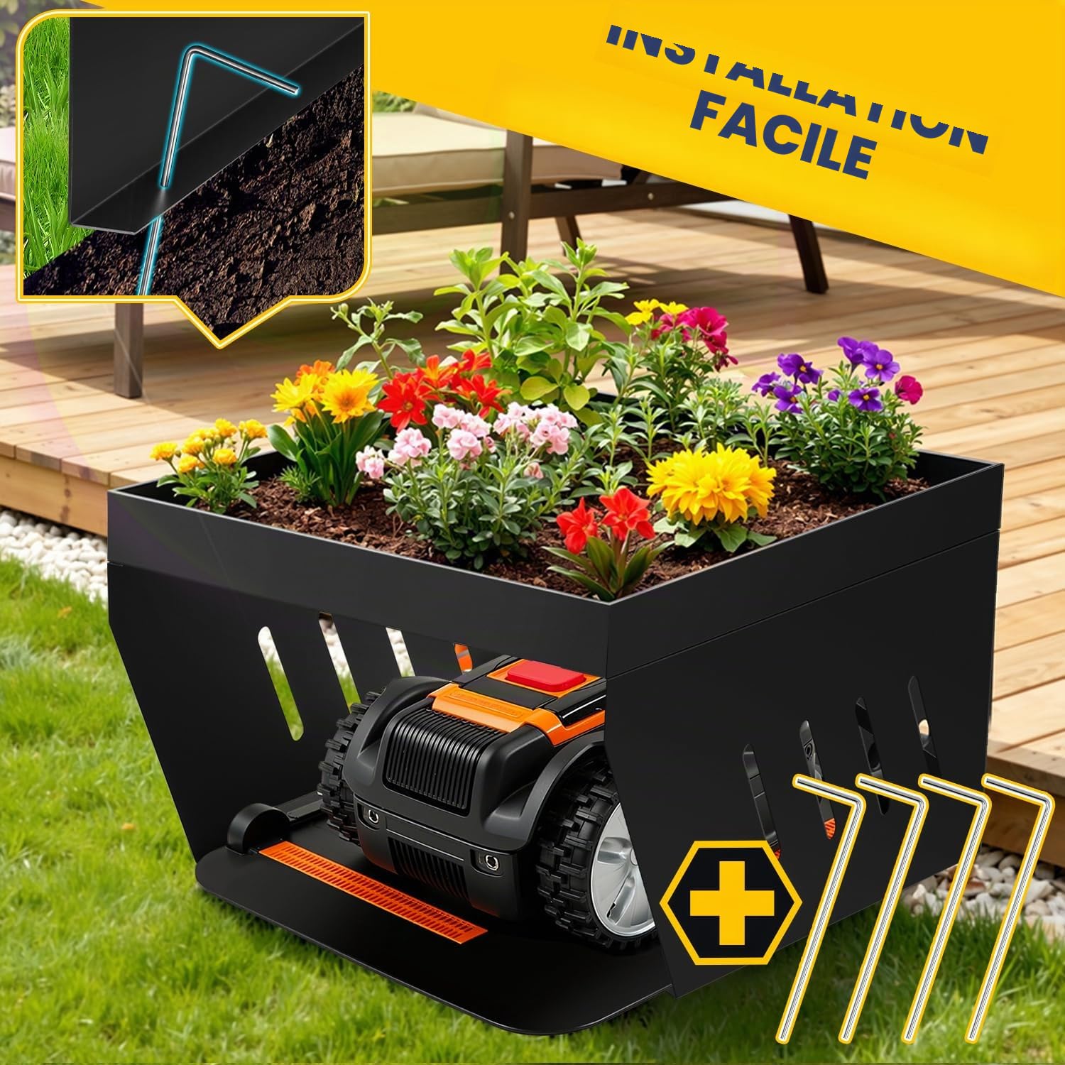 Garage pour robot tondeuse avec bac à plantes, auvent de protection galvanisé pour tondeuse à gazon, robot à gazon, protection UV, idéal contre la pluie et la grêle, 42 x 61 x 70 cm, noir