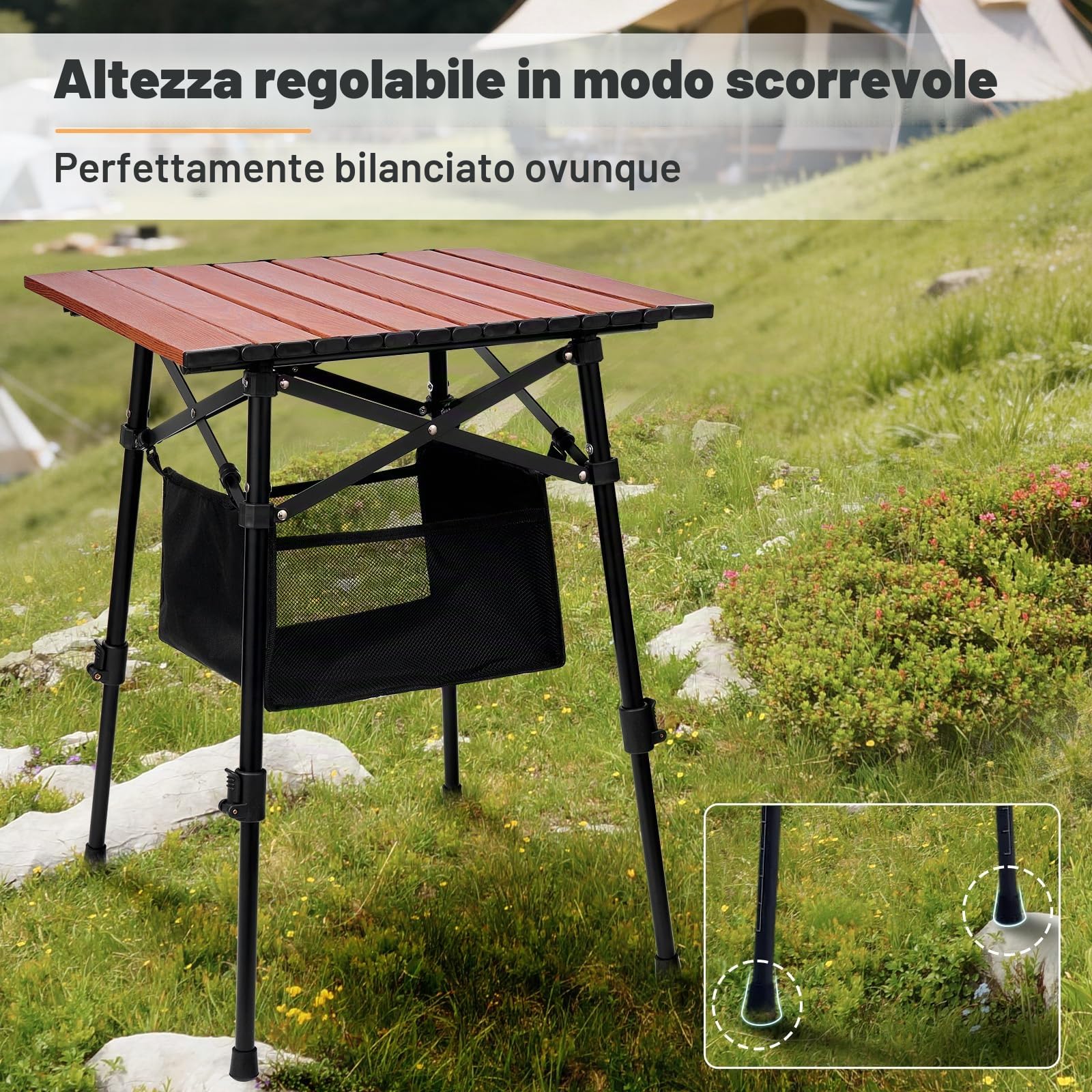 Odoland Tavolo da Campeggio Pieghevole con Robusta Borsa Portaoggetti, Regolabile in Altezza, Portatile, Leggero, Tavolo da Spiaggia per Picnic all'aperto, Escursioni, Viaggi