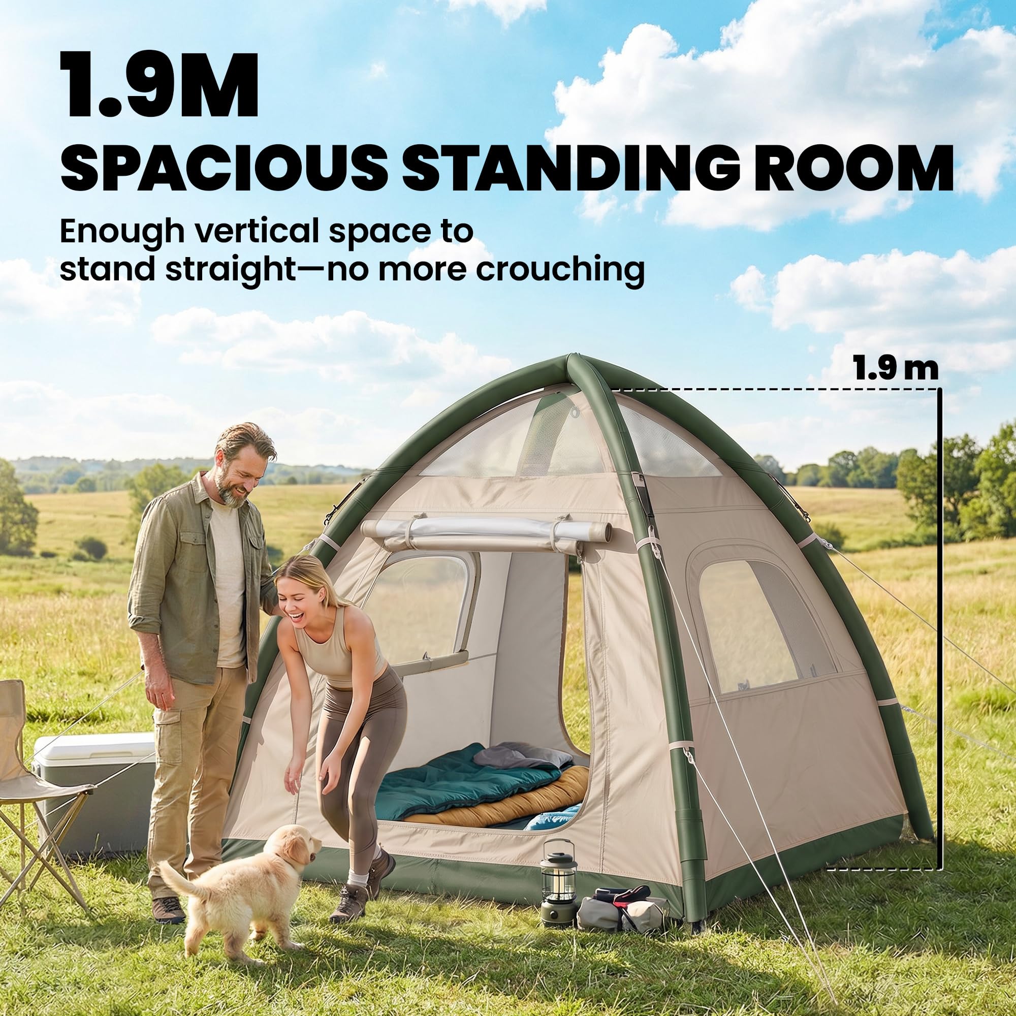 Outsunny Tente de camping gonflable avec pare-pluie, tente gonflable pour 3 personnes, tente gonflable étanche de 3000 mm avec vestibule, hauteur de hauteur de 190 cm, pompe de sécurité à gonflage
