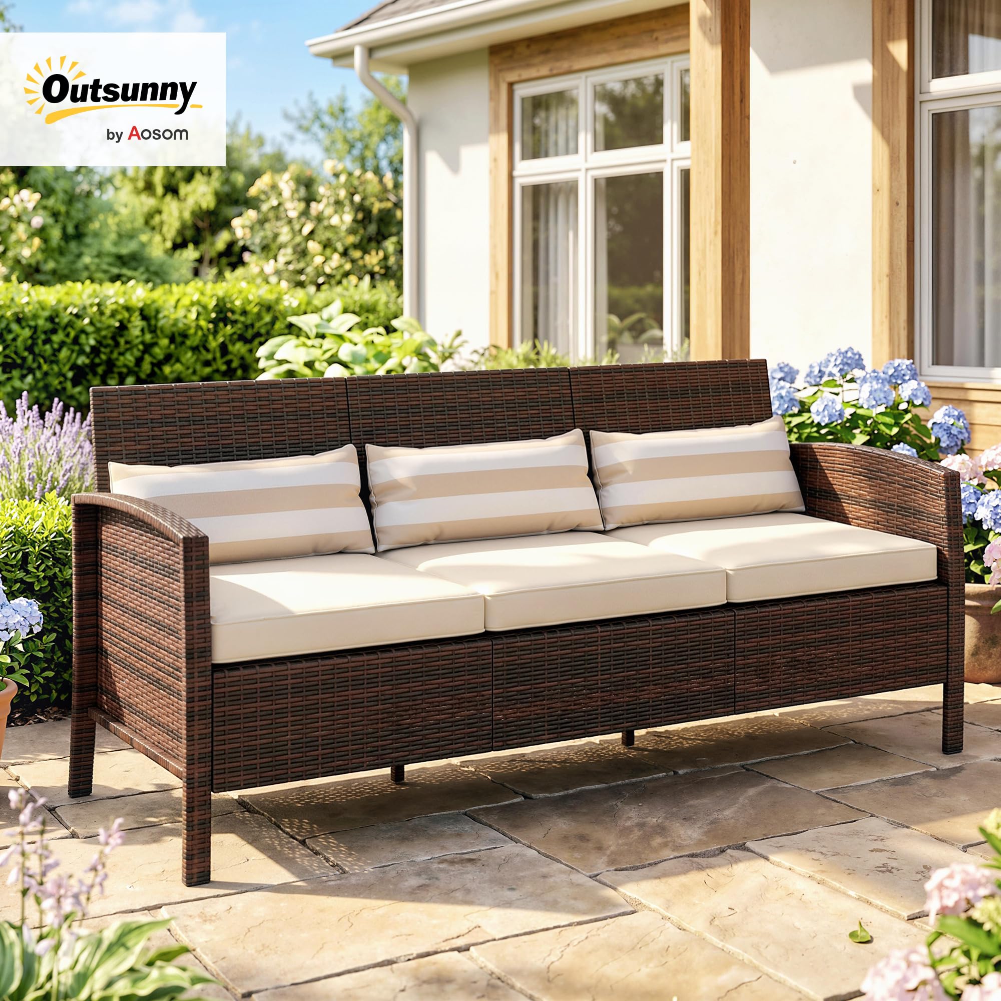 Outsunny Rattan Sofa mit Kissen, Dreisitzer, Garten Loungesofa, Stahl, Braun, 173 x 68 x 78 cm