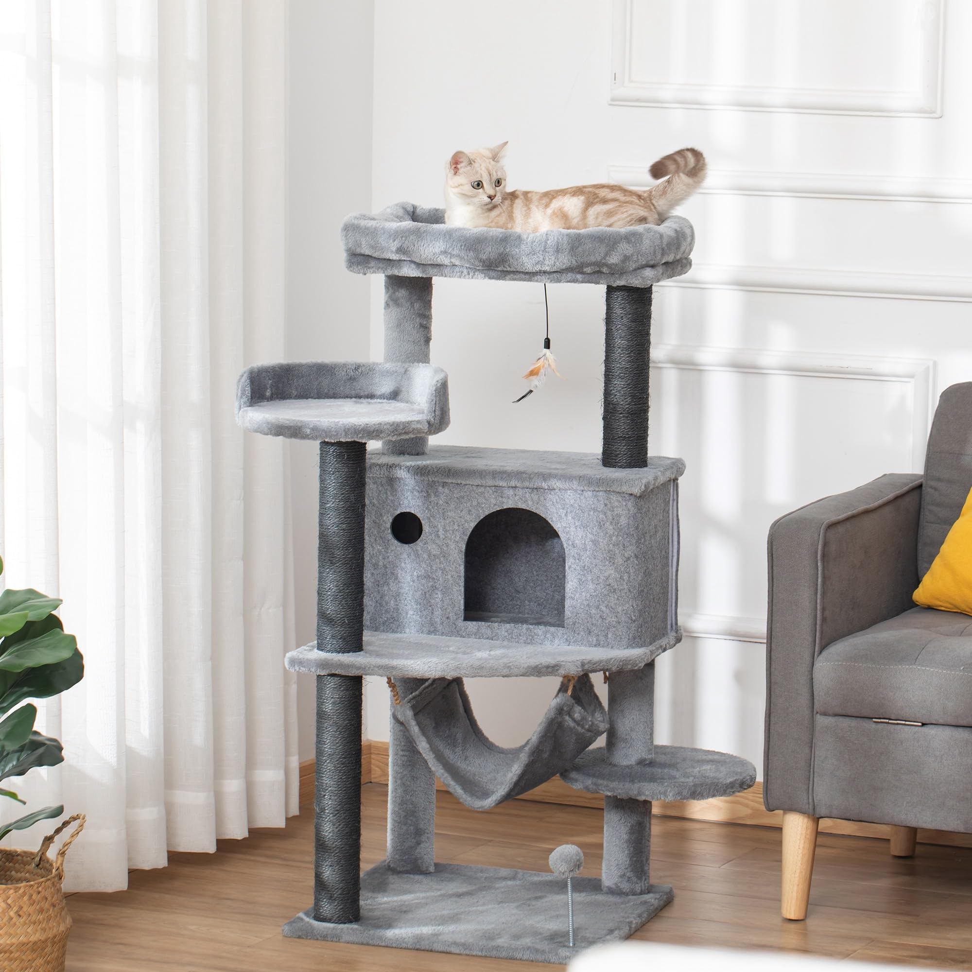 PawHut Albero Tiragraffi per Gatti con Palo, Casetta, 48x48x107 cm, Grigio | Letto, 4 Piattaforme, Amaca e 2 Giochi, Torre per Gatti in Truciolato, Peluche, Sisal e Feltro
