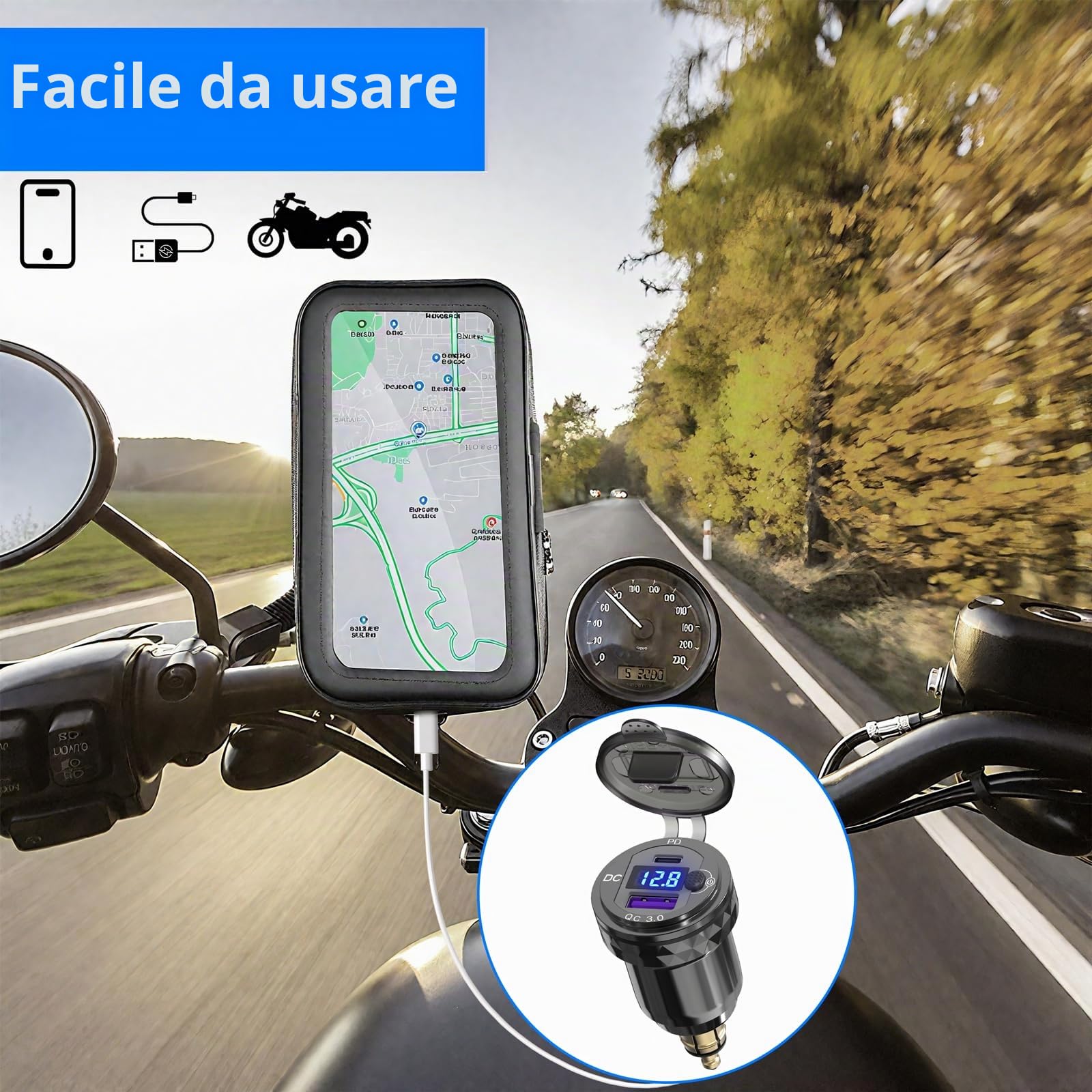 Presa DIN a USB C Caricabatterie per Moto: Qidoe Metallo Dual Porte QC3.0 e PD3.0 Adattatore Din Hella a USB con Voltmetro Interruttore per 12-24 V Motocicli Europei Ducati/Triumph/BMW