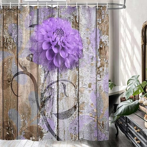 Miniatura 3 de Cortina de ducha con flores de granja, juego de cortina de ducha rústica de dalia morada, cortina de ducha de tela impermeable con ganchos, cortina