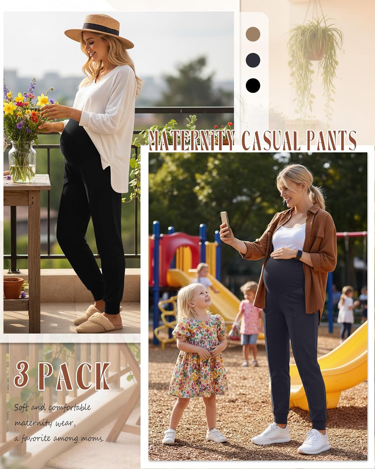 Oakgarden 3 Pack Women's Maternity Pants Over The Belly Pregnancy Joggers Stretchy Loose Lounge Sweatpants with Pockets