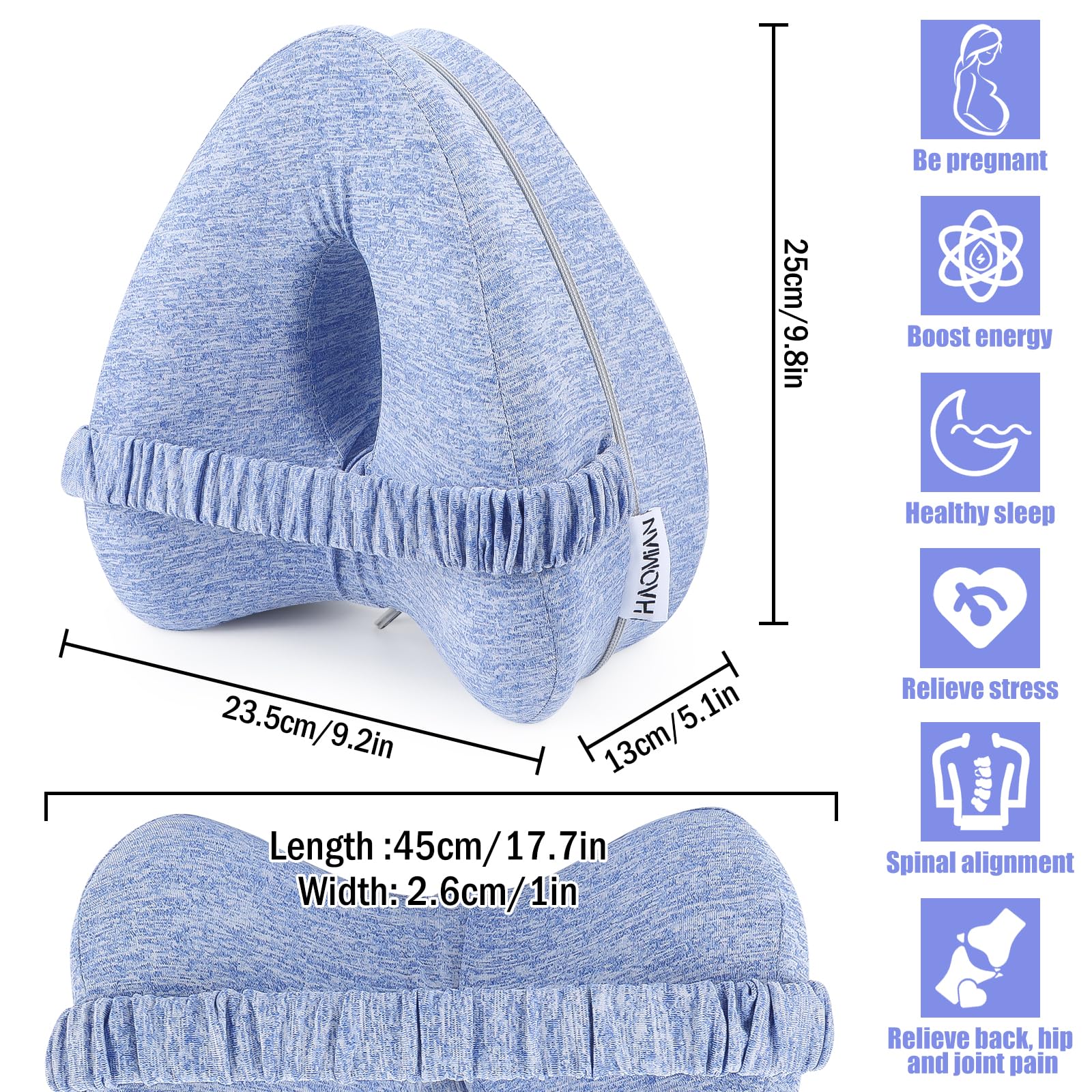 Kniekissen für Seitenschläfer, Orthopädisches Kissen für Bein, Ergonomisches Beinkissen mit Gürtel, Seitenschläferkissen aus Memory Schaum, Kissen Schwangerschaft für Stützt Beine, Knie, Rücken (Blau)
