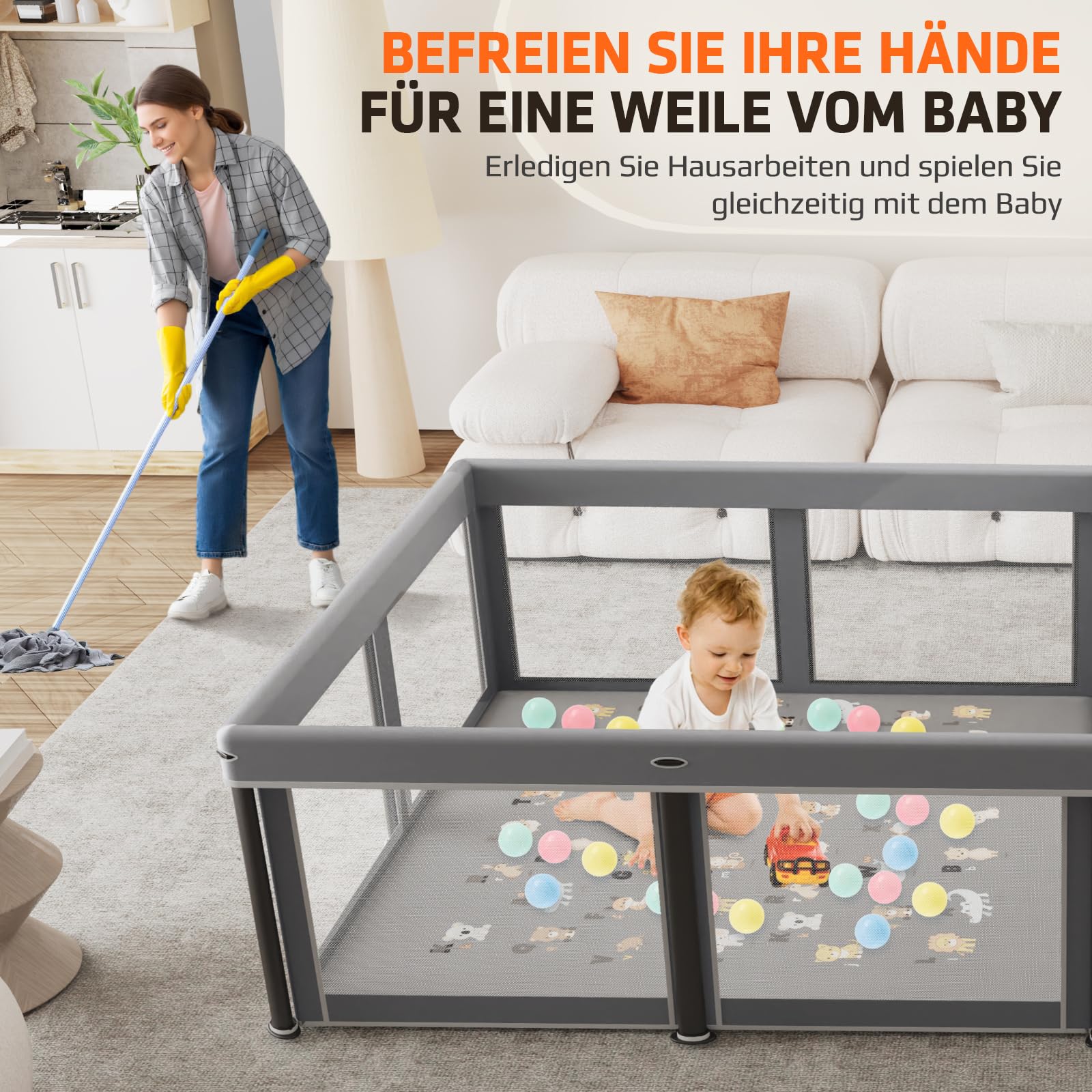 laufstall baby faltbar mit Matte,127x127,zusammenklappbarer Laufstall für Babys und Kleinkinder,Sicherheitslaufstall für Kinder im Innen-und Außenbereich,tragbarer Reiselaufstall und 30 Ozeanbällen