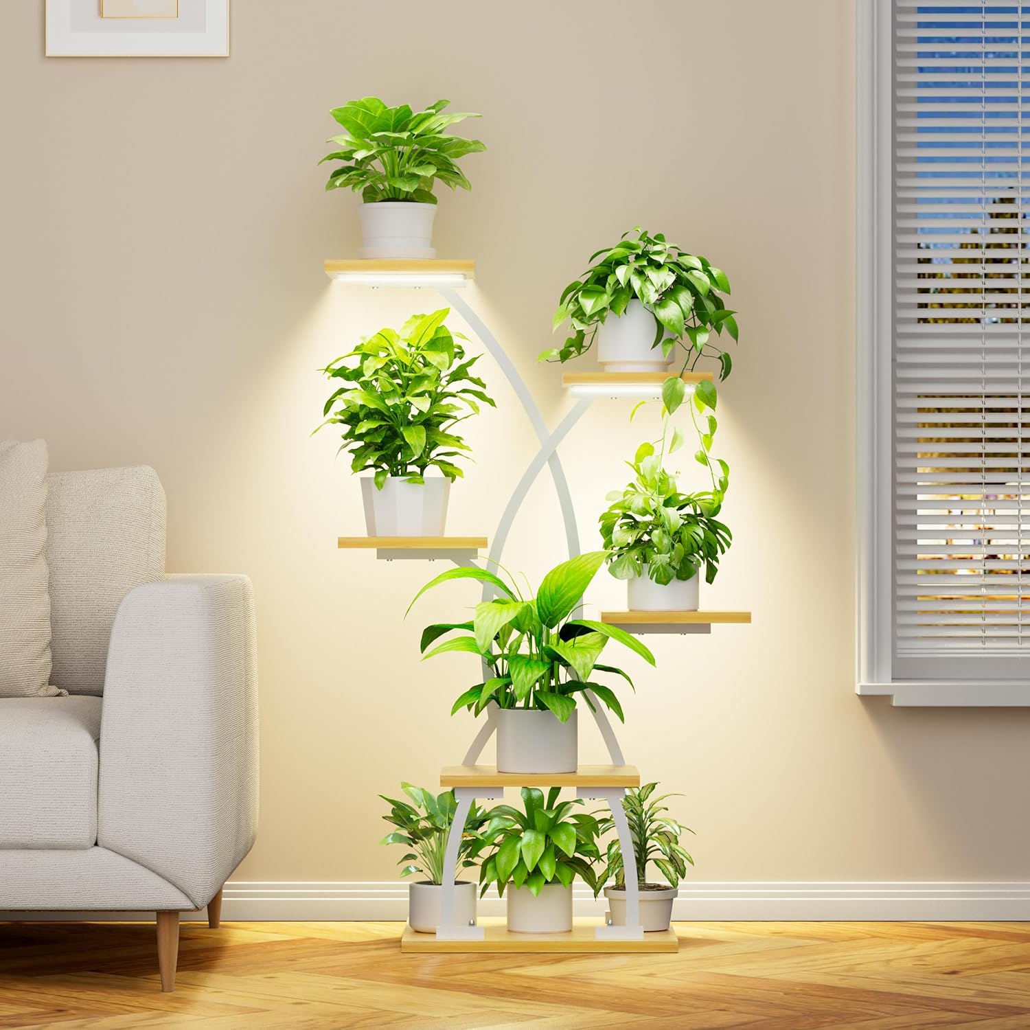 Plant Stand Indoor with Grow Lights - 6 Tiered Plant Shelf Indoor, 36" Corner Plant Stands for Indoor Plants Multiple, Metal Curved Flower Holder Display Rack for Patio, Balcony, Home Decor, White