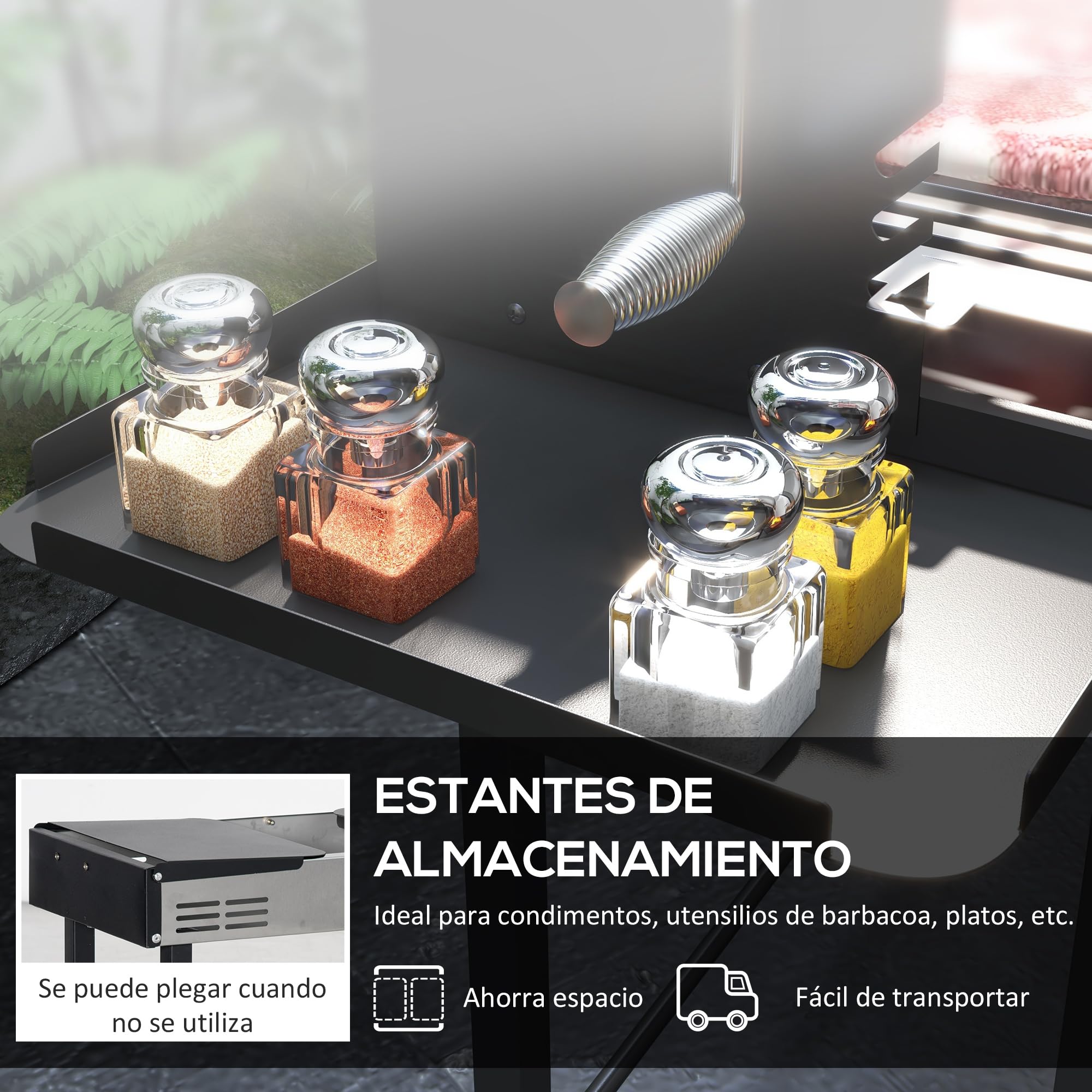 Outsunny Barbacoa de Carbón Barbacoa Portátil 118x32x90 cm Parrilla Negro | Pincho Giratorio, Ajustable en Altura de 3 Posiciones, Estantes Plegables, Paravientos, Picnic Camping Jardín