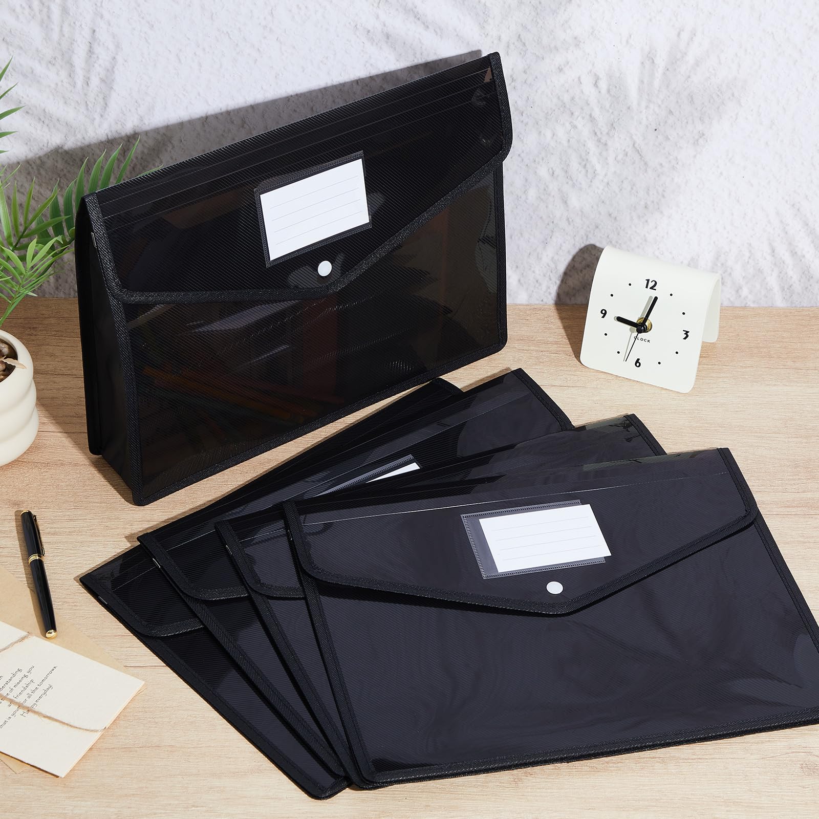 Dokumentenmappe aus Kunststoff, mit Schnappverschluss und Tasche, B4, wasserdicht, transparent, für Schule, Büro, Schwarz, horizontal, 10 Stück