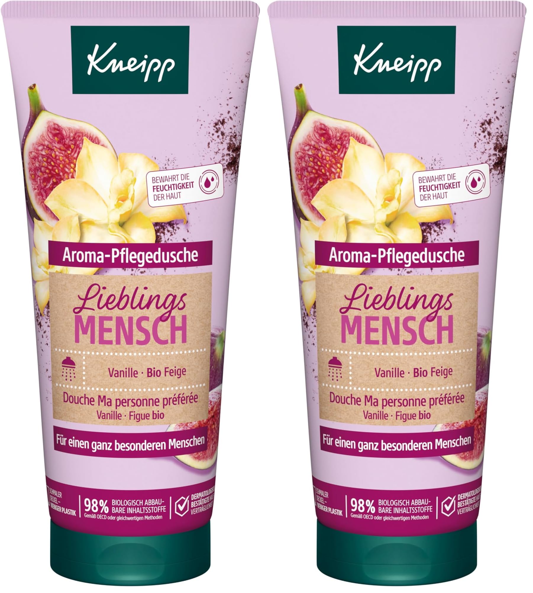 Kneipp Aroma-Pflegedusche Lieblingsmensch - Duschgel mit natürlichen Extrakten aus Bio Vanille und Feige & pflegendem Mandelöl - Rezeptur ohne Mikroplastik - 200ml (Packung mit 2)