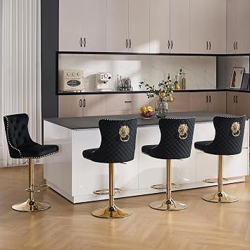 Swivel Gold Bar Stools Set of 4, Velvet Adjustable Barstools with Tufted Back, Nailheads Trim and Pull Ring, Counter Height Upholstered Bar Chairs for Kitchen Island Restaurant Home Black-Gold