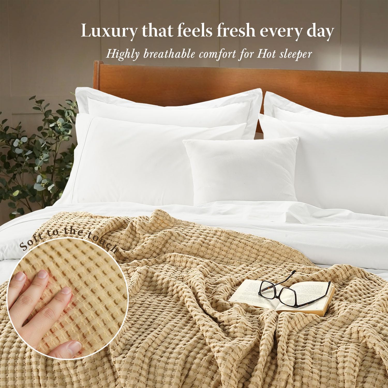 Threadmill Cooling Waffle Blanket King Size | Breathable, Lightweight and Cooling | Made from Rayon Derived from Bamboo | Waffle Throw Blanket for Couch and Sofa | 106 x 92 Inches | Beige - Image 5