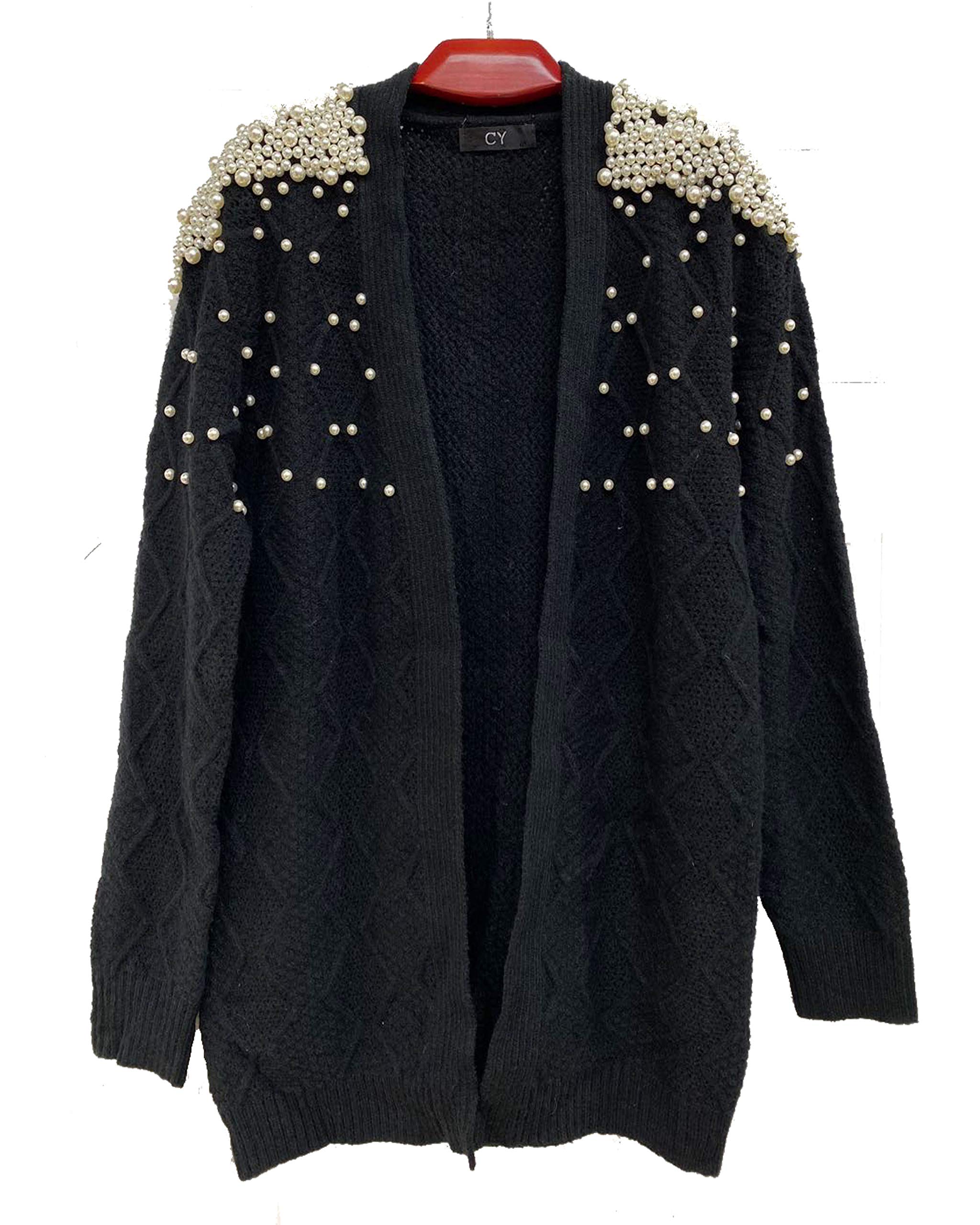 Cy Boutique Black Cardigan With Pearl Embellishment On Shoulder In